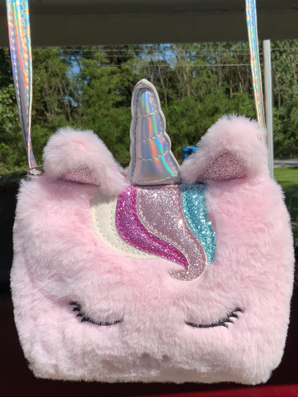 Capelli of New York Pink Unicorn Plush Crossbody with Holographic Strap